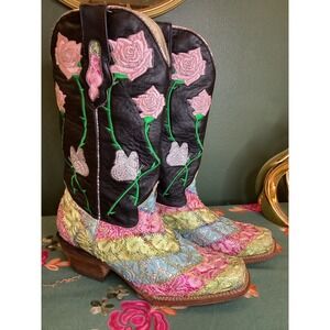FronTex Embroidered Rose Butterfly Boots SZ 5 Black Multicolor